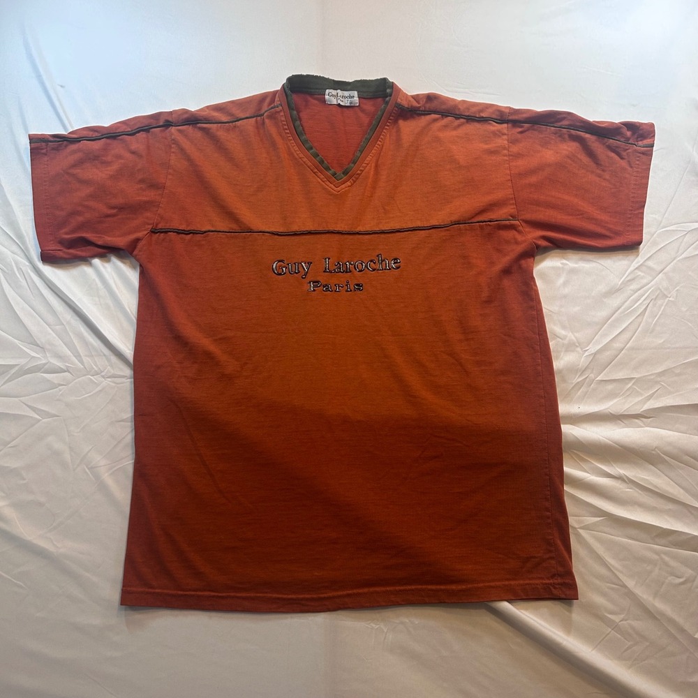 Guy Laroche Paris Mens Distressed V-Neck Short Sleeve Shirt Orange XL